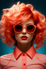 Poster - Woman with red hair and sunglasses on her head.