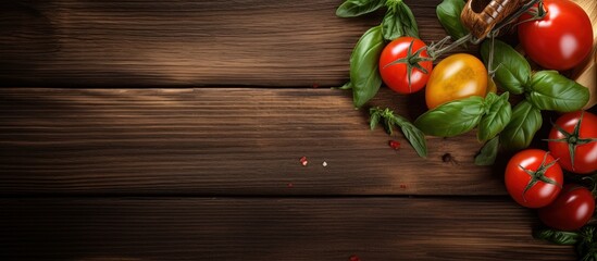 Wall Mural - Italian food on a rustic wooden background with tomatoes basil and olive oil Space for text Aged wooden texture in the background with copyspace for text