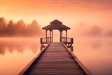 Fototapeta Na ścianę - Sunset on the lake, bridge and fog, soft pastel colors, screensaver for your computer or phone desktop