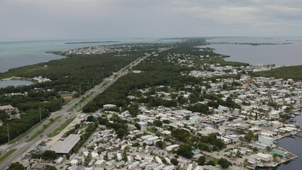 Poster - Aerial view of Key Largo, Florida cityscape landscape surronded by ocean neighborhoods in the Florida Keys - 4K Drone