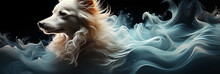A Wide Banner Image Of A Adorable White Puppy Coming Out Of White Smoke In Black Background 
