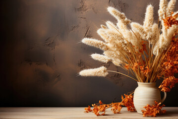 Wall Mural - Dried flowers cereals in a vase on a table with a copy space