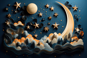 Wall Mural - Stars and a crescent moon behind clouds on a blue background. Paper applique or quilling. The concept of weather