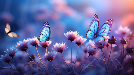 Wall Mural - A breathtaking close-up of wild chamomile and purple peas with a morning butterfly in a natural setting..