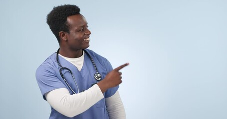 Poster - Nurse, advertising and black man pointing to mockup in studio isolated on a blue background. Portrait, hand and medical worker marketing healthcare, wellness promotion and smile for commercial space