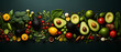Fondo con comida natural, frutas, verduras y hortalizas con espacio para texto.