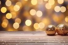 A Festive Christmas Table With Bokeh Lights, Adorned With Green And Gold Decorations, Creating A Merry Atmosphere.