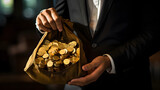 Fototapeta  - Business Man Holding Bag Of Gold Coins In Hands, Generated AI