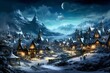 An illuminated winter village at dark. Generative AI