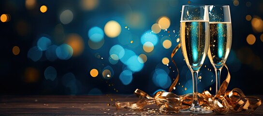 Two golden champagne flutes grasses on a new year eve background