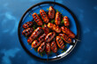 Hot grilled sausages on a bluebackground, seasonal food. AI Generative