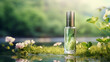 Luxury clear glass bottle on nature, and flower background with copy space - dropper bottle with liquid mockup - clear essential oil inside