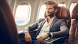 businessman sitting in a 1st class private jet seat near window, handsome gentleman relaxing on a business class airplane seat