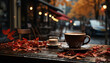 coffee coffee latte with an autumn feel. coffee is life for many and it is a must for many.  outdoor terrace on a slightly cold but sunny autumn day. it couldn't be better created by ai