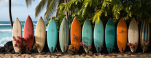 Colorful Vintage Style Surfboards Standing Near A Beach 
