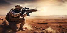 Military Sniper In The Desert. Sniper Mercenary With A Rifle Aims At The Enemy. Ai Generative