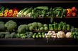 Vegetable display in supermarket with organic broccoli, paprika, lettuce, and onion. Bio food, grocery shopping. Generative AI