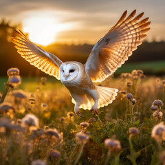 Wall Mural - Owl flight, landing in the grass