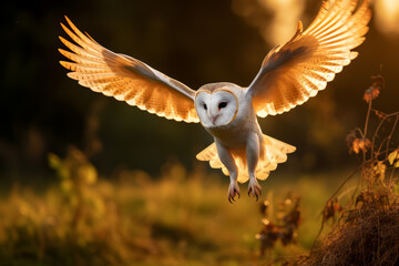 Wall Mural - Owl flight, landing in the grass