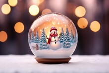 Christmas Glass Ball On Snow With Snowman Inside.