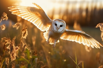 Wall Mural - Owl flight, landing in the grass