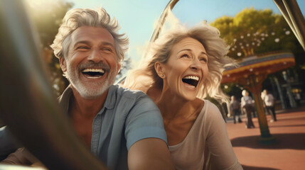 portrait of Happy cheerful mature couple enjoying bike ride on street at park 