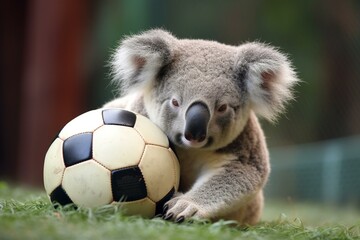 Wall Mural - Cute koala cuddling football. Generative AI