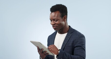 Poster - Happy black man, tablet and laughing for funny joke or social media against a studio background. African businessman smile with technology for online meme, chatting app or networking on mockup space