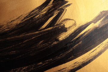 Wave black, Gold glitter ink smear brush stroke stain blot glow texture wall background.