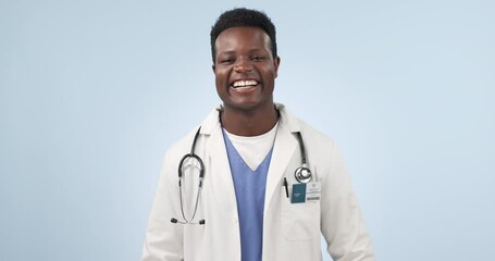 Canvas Print - Laugh, doctor and happy black man in studio for medical service, care and support for hospital. Healthcare, consulting and portrait of person with funny joke, humor and comedy on blue background