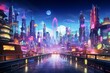 A futuristic metropolis illuminated by yellow and pink neon lights, featuring night streets and modern architecture. Generative AI
