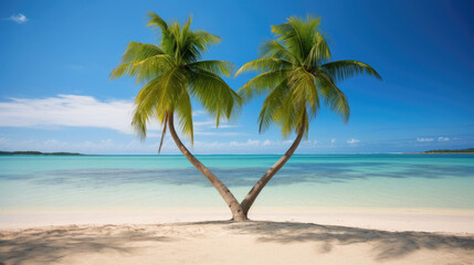 Wall Mural - heart shaped palm trees on a tropical beach with sea background