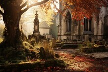 Autumnal Ambience In A French Churchyard During Toussaint. Generative AI