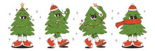 Funny Retro Cartoon Christmas Tree Characters In Trendy Groovy Style. Fir Tree In Various Poses. 60 -70s Vibes Set. Merry Christmas And Happy New Year. Vector Illustration.
