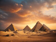 Egyptian pyramids at sunset and dramatic sky.