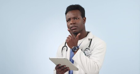 Wall Mural - Thinking, black man or doctor in studio with tablet, research ideas and brainstorming for healthcare. Problem solving, decision and medical professional on blue background mockup with digital app.