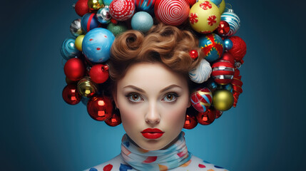 Portrait of an attractive young woman with Christmas balls and ornaments in hair