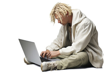 Poster - A man sitting on the ground using a laptop. Suitable for technology and remote work concepts.