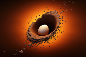 Aufkleber - An image of an egg placed in a hole with rocks surrounding it. This versatile image can be used to depict concepts such as vulnerability, protection, or a unique perspective.