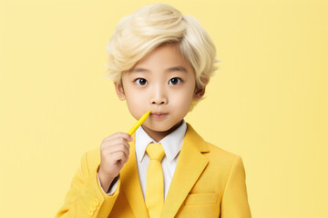 Poster - A young boy dressed in a yellow suit holds a pencil in his hand. This image can be used to represent creativity, education, or childhood activities.