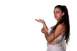 © Beatriz - 'Young Caucasian woman pointing to the left while looking at the camera in PNG format.'