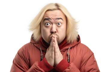 Poster - A man wearing a red jacket is captured making a funny face. This image can be used to add humor and lightheartedness to various projects.