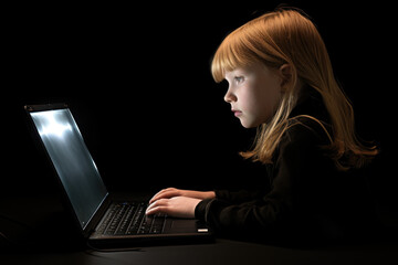 Poster - A young girl sitting in front of a laptop computer. This image can be used to depict technology, education, or online learning.