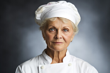 Wall Mural - An older woman wearing a chef's hat, ready to cook up a delicious meal. This image can be used to represent culinary expertise and cooking skills.