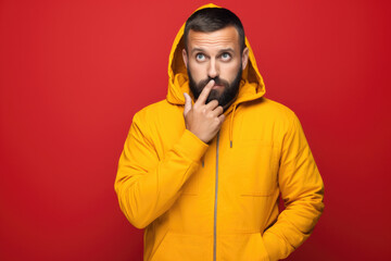 Canvas Print - A man wearing a yellow hoodie is captured making a funny or silly expression. This image can be used to depict humor or express emotions in various projects.