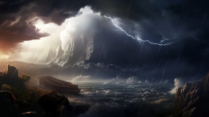 Noah's ark in the storm and flood on the mountain biblical scenery