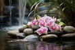Relaxing environment with elegant orchids, serene stones, and soothing water. Generative AI