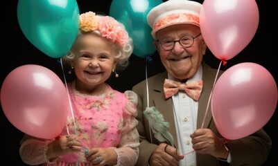 Poster - An older man and a щдв young girl holding balloons. AI.