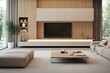 TV cabinet and wall in living room, white wall. Generative AI