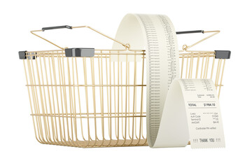 Poster - Golden shopping basket with long receipt. 3D rendering isolated on transparent background
